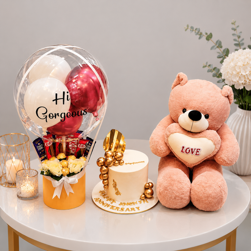 Anniversary Chocolate Balloon Box with Teddy and Cake