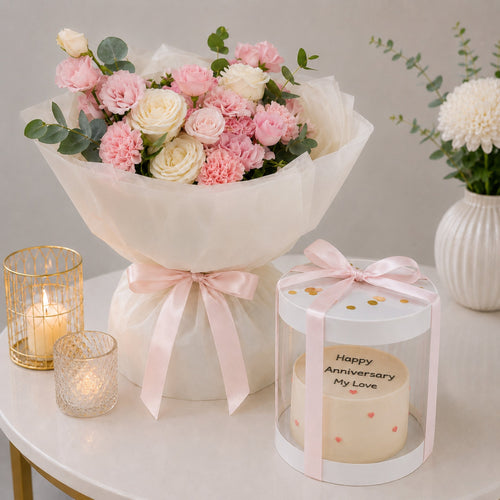 Artificial Pink Roses and Carnations Bouquet with Happy Anniversary My Love Cake