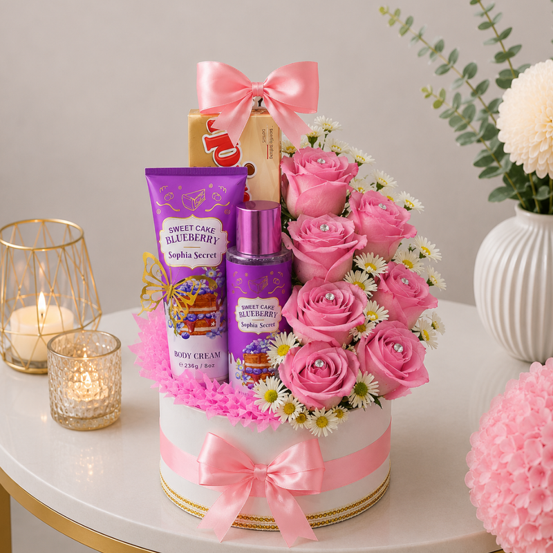 Blueberry Beauty Set and Pink Roses Round Gift Box
