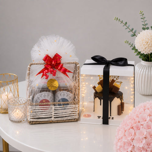 Birthday Wicker Gift Basket with Fairy Light Chocolate Cake Display Box