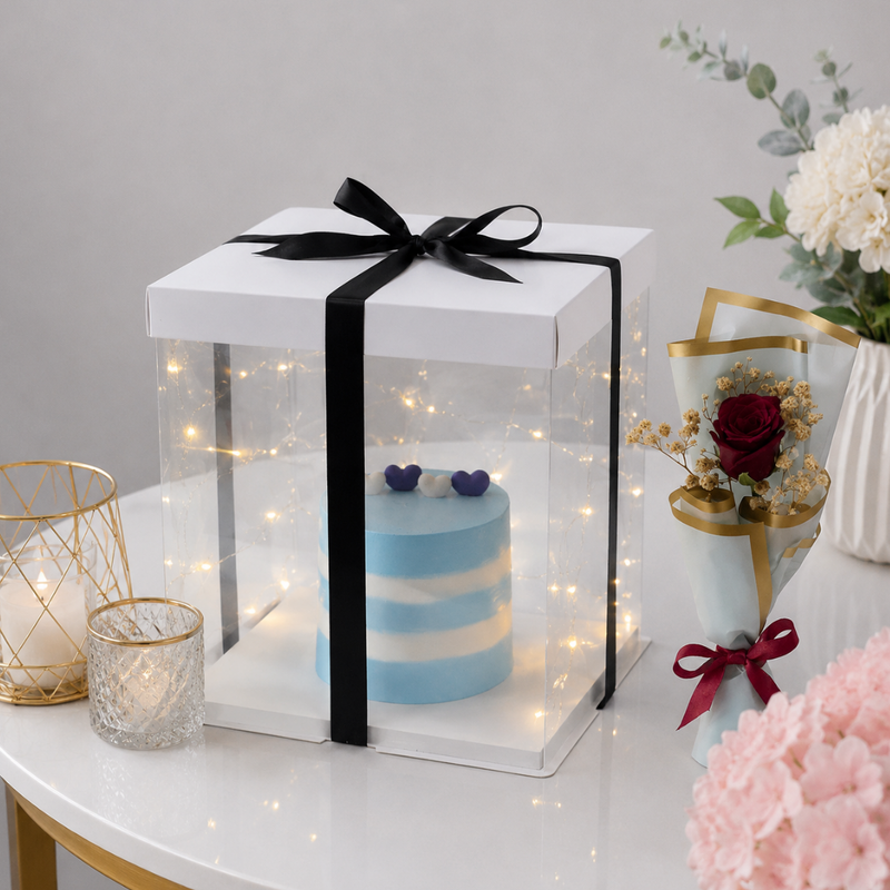Blue Birthday Cake Gift Box with Rose Bouquet