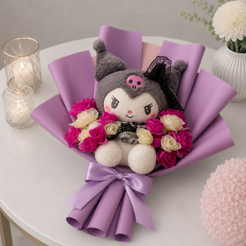 Kuromi Plush Bouquet with Pink and Cream Roses
