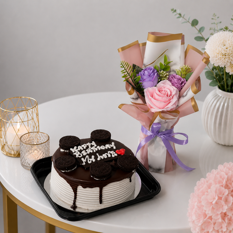 Oreo Birthday Cake with Elegant Rose Bouquet