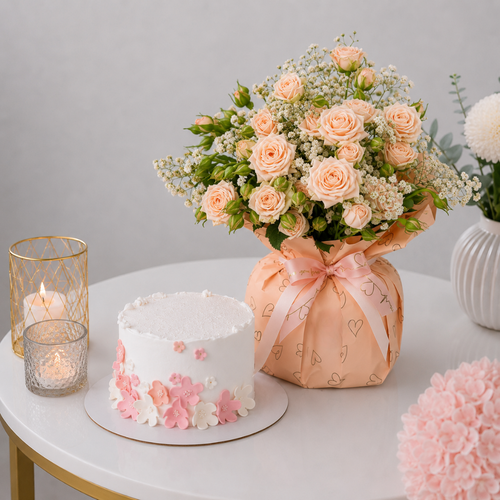 Peach Spray Rose Bouquet with White Blossom Cake