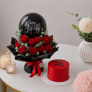 Red Rose Bouquet with Black Balloon and Birthday Cake