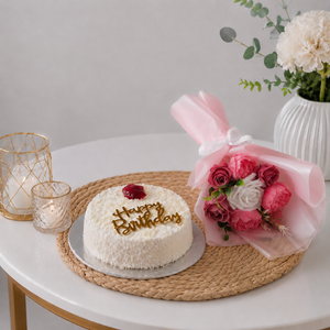 White Birthday Cake with Pink Artificial Rose Bouquet