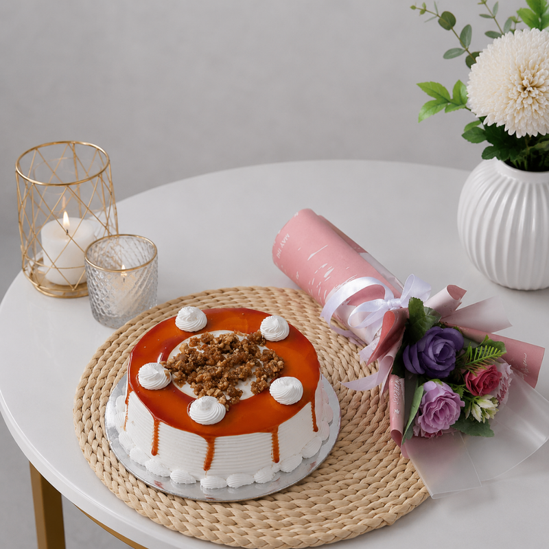 Caramel Drip Cake with Purple Rose Scroll Bouquet