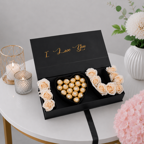 I Love You Black Box Champagne Roses Chocolates