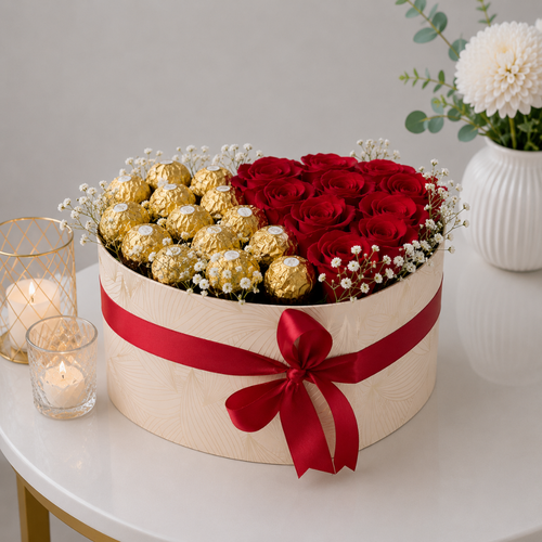 Cream Heart box Red Roses, ferrero rocher Baby's Breath Red Ribbon