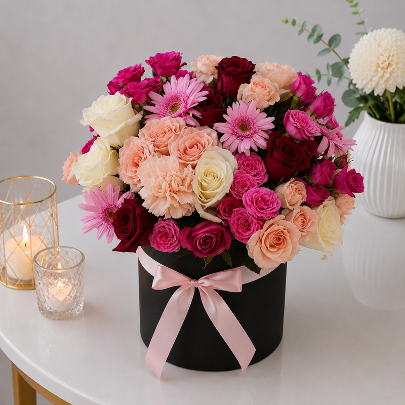 Black Round Box Mixed Roses Gerbera Pink Ribbon