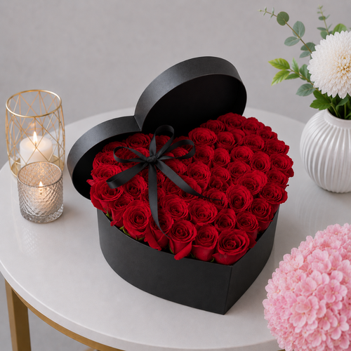 Black Heart Box 50 Red Roses Black Ribbon