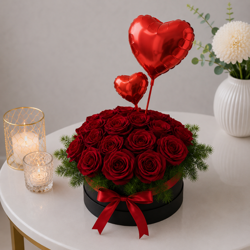 Black Round Box Red Roses Heart Balloons Green Fern