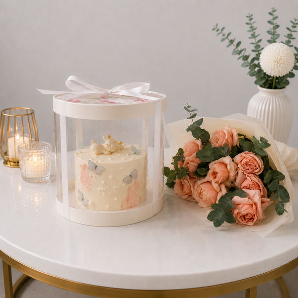 Butterfly Birthday Cake Box with Peach Garden Rose Bouquet