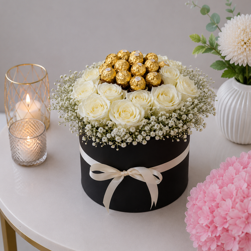 Black Round Box White Roses Baby's Breath Ferrero