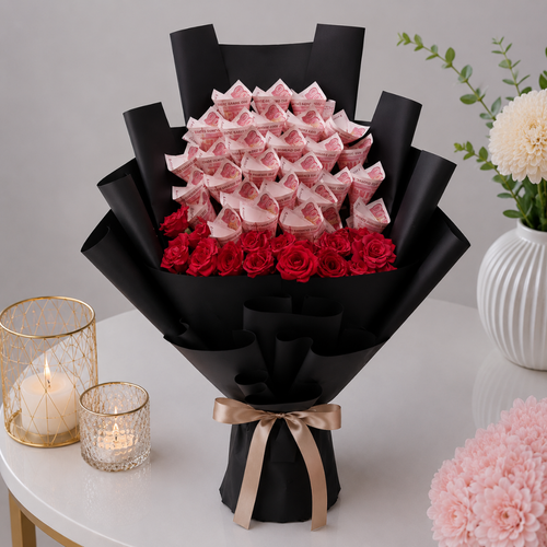 Luxury Black Money Bouquet with Red Roses