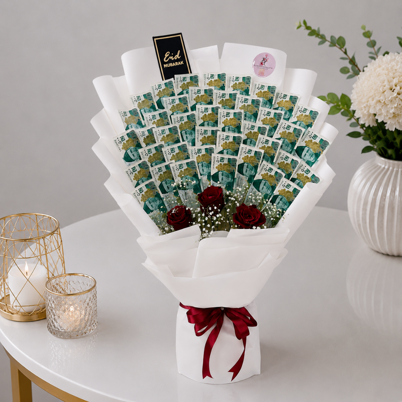 Eid Mubarak Money Bouquet White with Roses