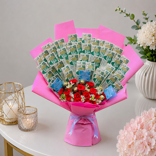 Birthday Money Bouquet Pink Roses and Chocolates