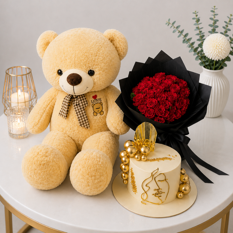 Luxury Birthday Teddy Bear Red Rose and Gold Cake Gift Set