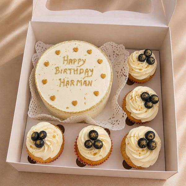 Gold Heart Birthday Bento Cake with Blueberry Cupcakes