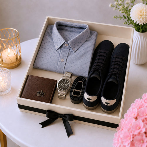 Men's Birthday Lifestyle Gift Hamper with Watch Shirt Belt Wallet and Sneakers