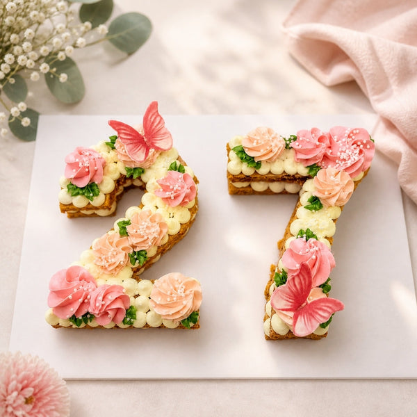 Number 27 Pink Floral Butterfly Number Cake