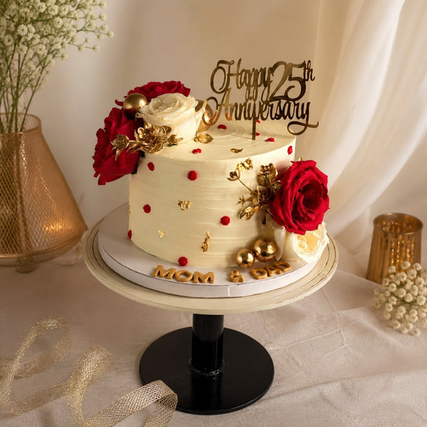 Happy 25th Anniversary Red Rose Gold Cake