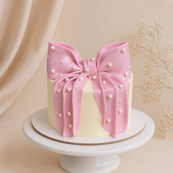 Ivory Pink Pearl Bow Birthday Cake