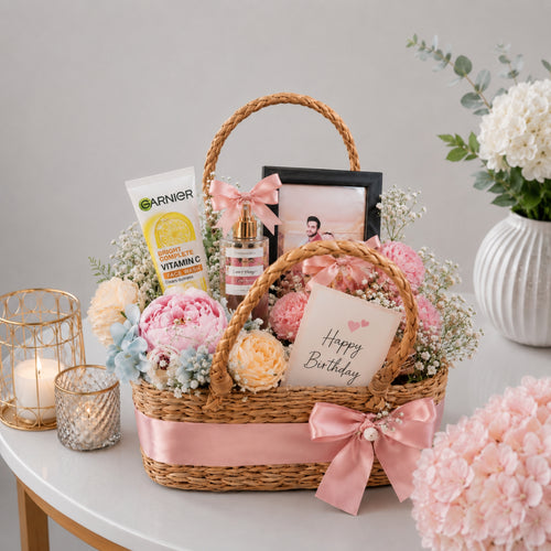Birthday Keepsake Basket with Skincare Flowers and Photo Frame