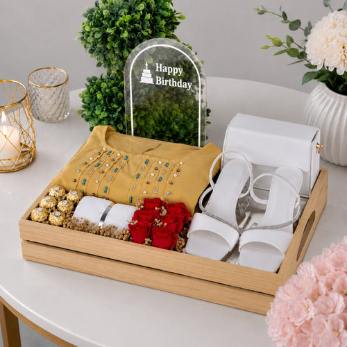 Personalised Birthday Ladies Hamper Tray with Embroidered Kurta Heels Bag Bracelet and Ferrero Rocher