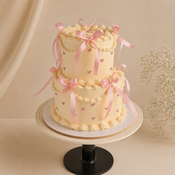 2-Tier Ivory Lambeth Pink Bow Heart Cake