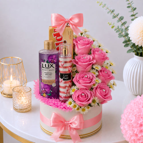Beauty Set and Pink Roses Round Gift Box