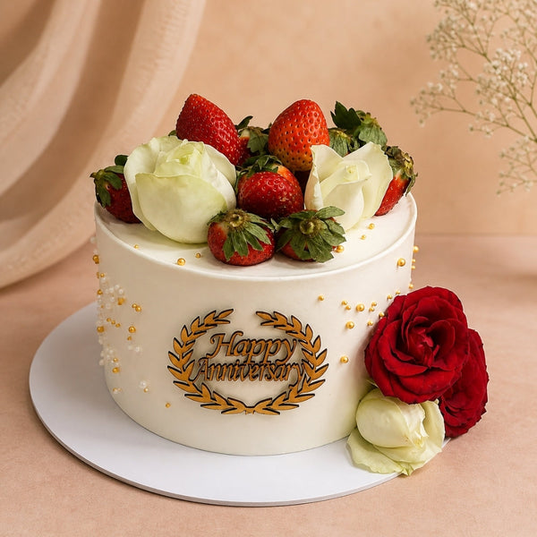 Happy Anniversary Strawberry White Rose Wreath Cake