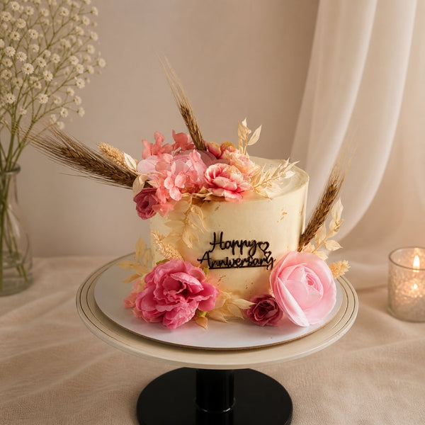 Happy Anniversary Pink Peony & Wheat Floral Cake