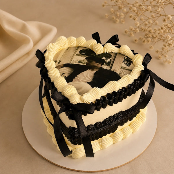 Heart Photo Cake with Black Satin Bows