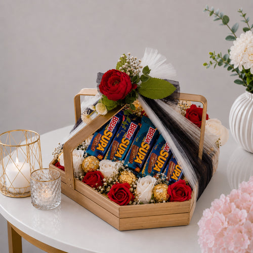 Gold Basket Break Supa Ferrero Rocher Red Rose Arrangement