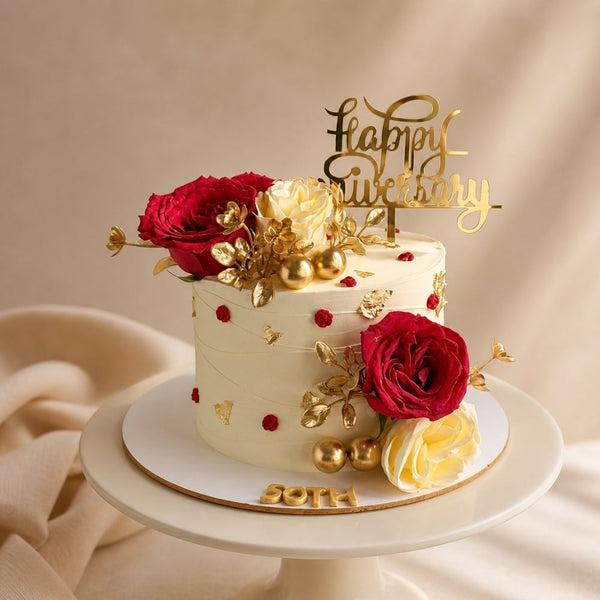 Happy Anniversary Red Rose Gold Floral Cake