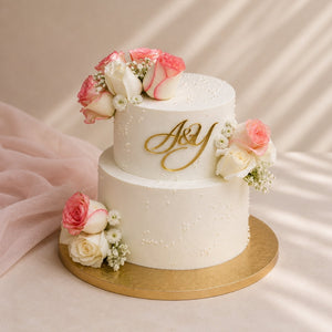 2-Tier White Pearl Wedding Monogram Cake