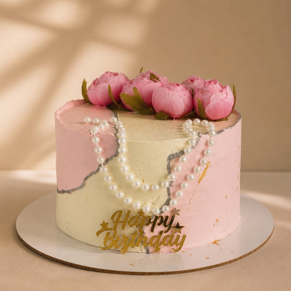 Pink Marble Pearl Necklace Peony Birthday Cake