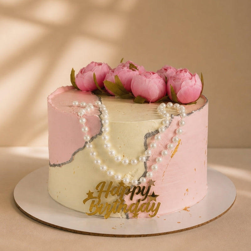 Pink Marble Pearl Necklace Peony Birthday Cake