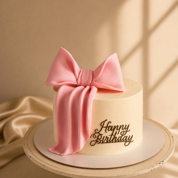 Ivory Pink Fondant Bow Birthday Cake