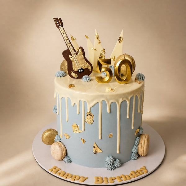 Birthday Blue Guitar & Macaron Drip Cake
