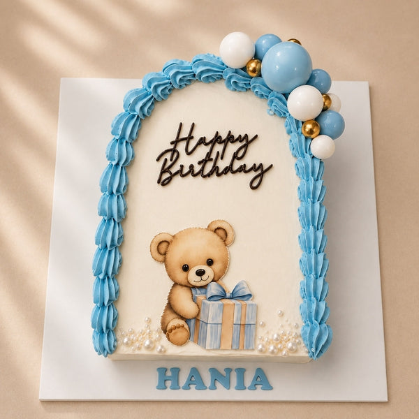 Blue Arch Teddy Bear Square Birthday Cake