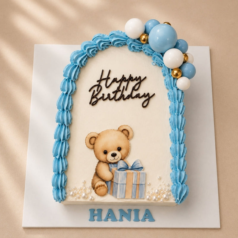 Blue Arch Teddy Bear Square Birthday Cake