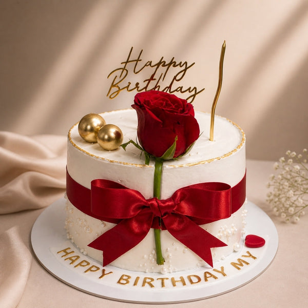 Red Rose Satin Ribbon Birthday Cake