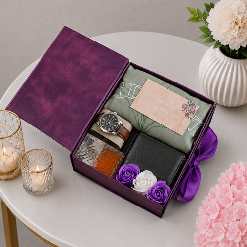Anniversary Gift Box with Kurta Watch Perfume Wallet and Purple Roses