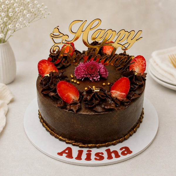 Dark Chocolate Ganache Birthday Cake with Strawberries