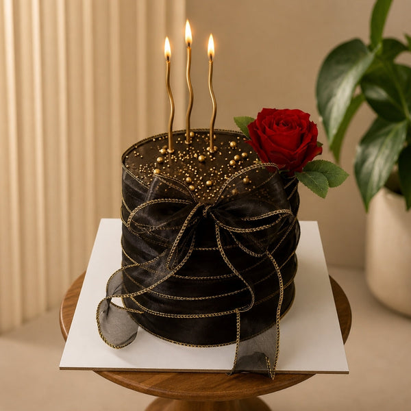 Black Ribbon & Rose Birthday Cake