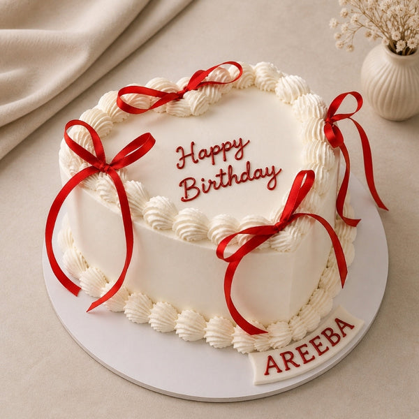 White Heart Red Ribbon Happy Birthday Cake