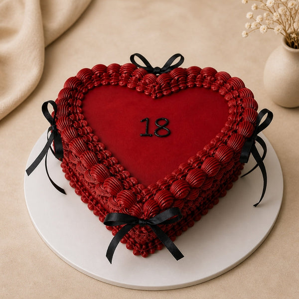 Dark Red Heart Birthday Black Ribbon Cake