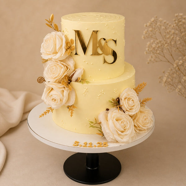 2-Tier Yellow Cream Rose Monogram Wedding Cake